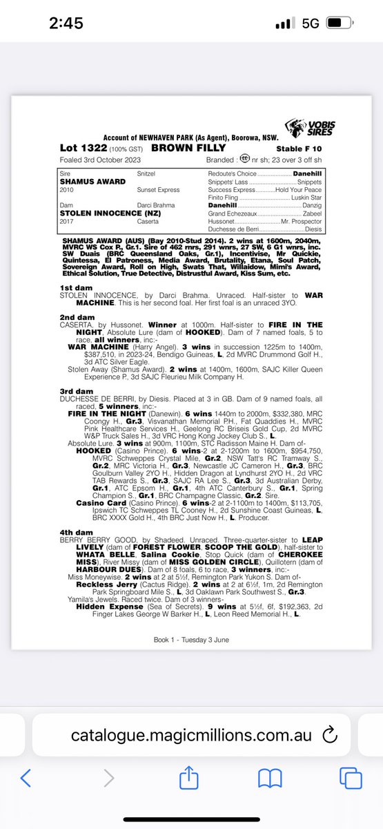 Rohan Hughes (@rohanjhughes) on Twitter photo Purchased this gorgeous filly today Lot 1322 <a href="/mmsnippets/">Magic Millions</a> for $45k. Awesome actioned filly with a great Sales attitude. By Shamus Award sire of 4 individual G1 winning fillies. From a half sister to G1 Strabroke Hcp fav War Machine. Get on board!! <a href="/Grahame_Begg/">Grahame Begg Racing</a> <a href="/CFHylandRacing/">Chris Hyland</a> Purchased this gorgeous filly today Lot 1322 <a href="/mmsnippets/">Magic Millions</a> for $45k. Awesome actioned filly with a great Sales attitude. By Shamus Award sire of 4 individual G1 winning fillies. From a half sister to G1 Strabroke Hcp fav War Machine. Get on board!! <a href="/Grahame_Begg/">Grahame Begg Racing</a> <a href="/CFHylandRacing/">Chris Hyland</a>