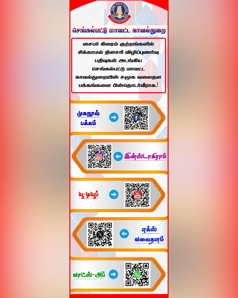 செங்கல்பட்டு மாவட்ட காவல்துறை:
சைபர் கிரைம் குற்றங்களில் சிக்காமல் தினசரி விழிப்புணர்வு பதிவுகள் அடங்கிய செங்கல்பட்டு மாவட்ட காவல்துறையின் சமூக வலைதள பக்கங்களை பின்தொடர்வீராக.!
#tnpoliceoffl #chengalpattudistrictpolice #TNPolice