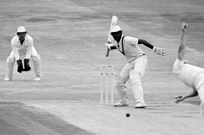 Malcolm Marshall batting one-handed, Eng v WI, 3rd Test, Leeds, July 14th 1984.  Marshall sustained a cracked left thumb in two places fielding on the first morning. He helped Larry Gomes to his hundred and "enjoyed the dramatics, his bat wielded like a cleaver". He scored 4