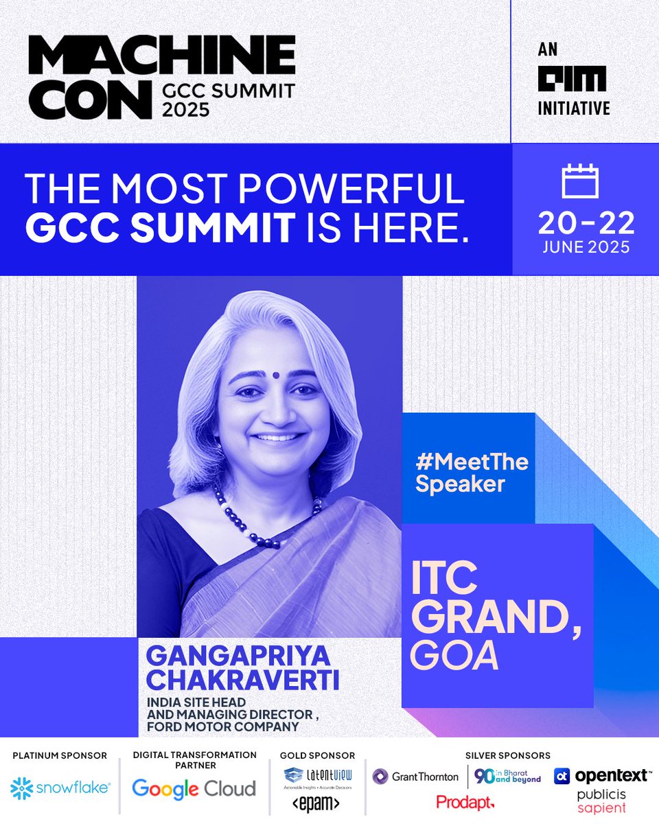 AIM (@analyticsindiam) on Twitter photo We’re excited to welcome Gangapriya Chakraverti, India Site Head and Managing Director at <a href="/Ford/">Ford Motor Company</a> as a speaker at MachineCon GCC Summit 2025!
With a rich background as a Human Resources Business Partner, Gangapriya brings deep expertise across Talent Strategy, Organizational We’re excited to welcome Gangapriya Chakraverti, India Site Head and Managing Director at <a href="/Ford/">Ford Motor Company</a> as a speaker at MachineCon GCC Summit 2025!
With a rich background as a Human Resources Business Partner, Gangapriya brings deep expertise across Talent Strategy, Organizational