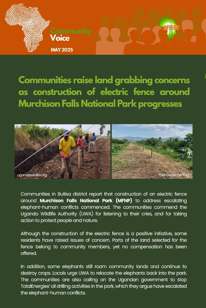 🗓️ALERT: May 2025 updates from oil-affected communities
➡️Women turn to using waste water as Tilenga water points run dry
➡️Communities raise land grabbing concerns as fencing of Murchison Falls NP gets underway 
➡️Women call for protection of forests 🌳 amidst EACOP activities
