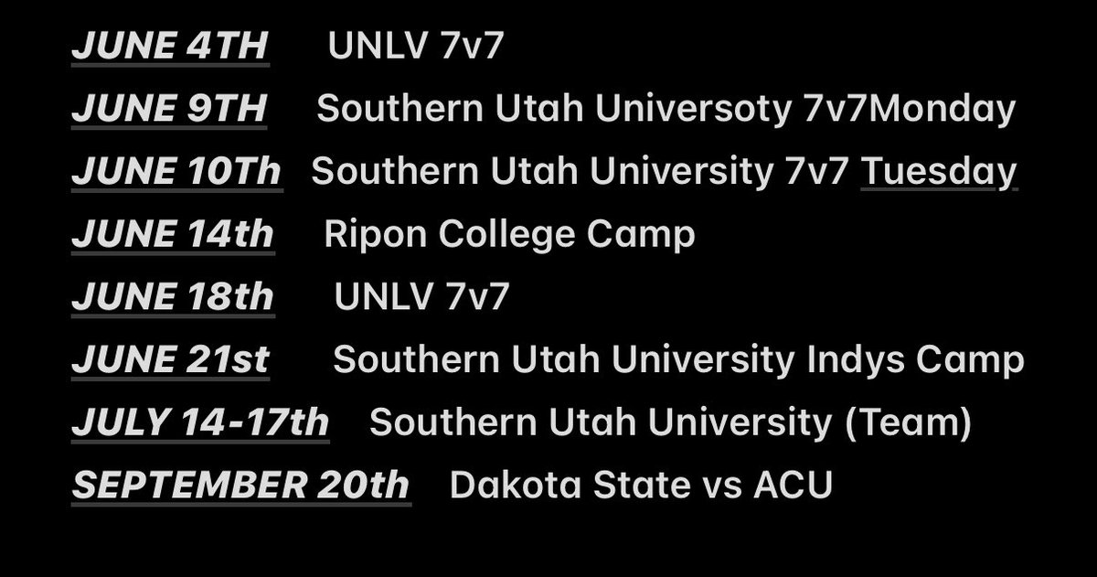 This summers camp schedule✅
<a href="/CoachBarnes43/">Lane Barnes</a> <a href="/CartwrightDSU/">Coach Cartwright</a> <a href="/JULIOCHATO75/">Julio Garcia II</a> <a href="/delanefitz/">DeLane Fitzgerald</a> <a href="/DGS_4ya/">Darrius G. Smith</a> <a href="/willbrunson733/">Will Brunson</a> <a href="/702HSFB/">702 HSFB</a> <a href="/PrepRedzoneNV/">Prep Redzone Nevada</a> <a href="/BrandonHuffman/">Brandon Huffman</a>