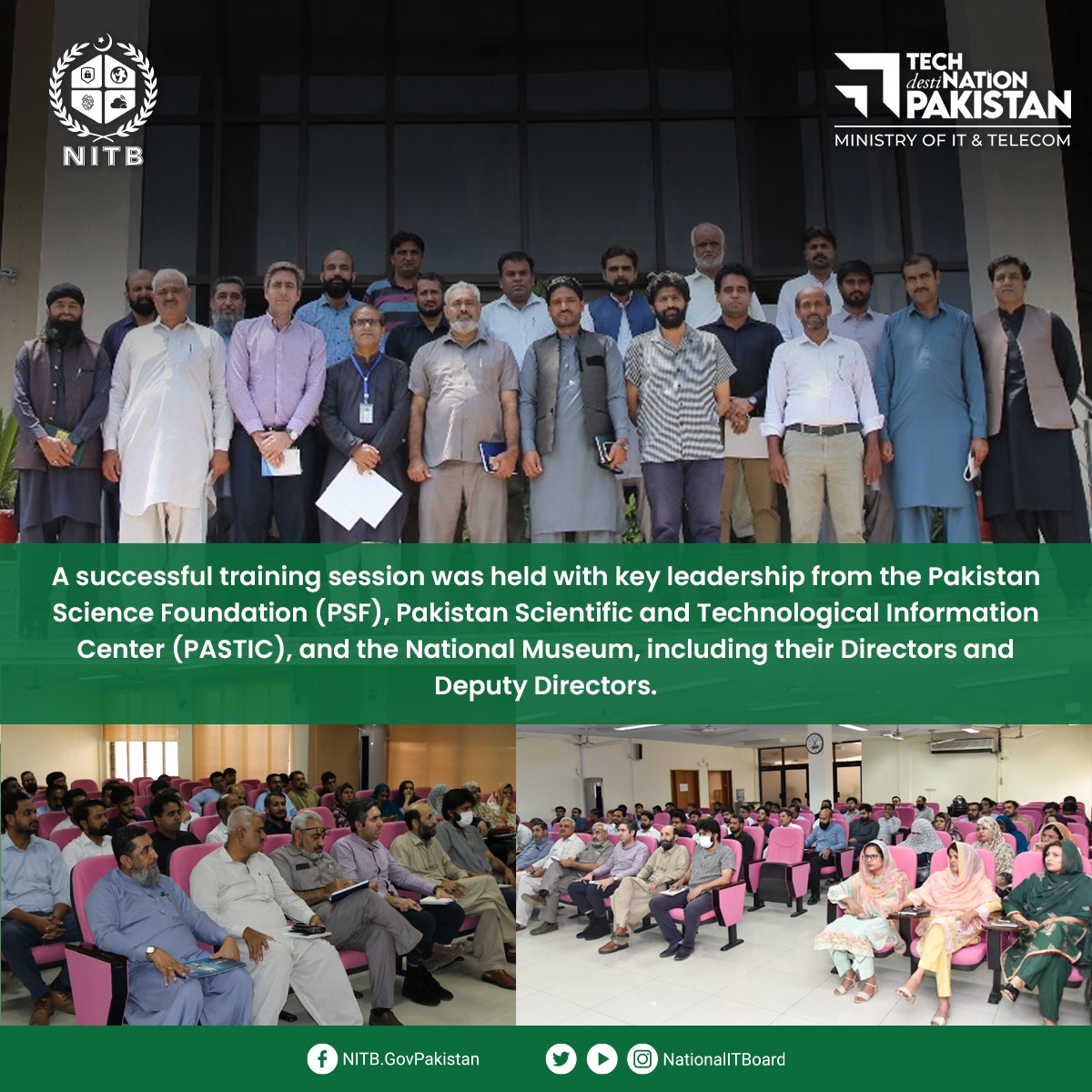 NationalITBoard's tweet photo. High-level e-Office training held with PSF, PASTIC &amp; National Museum leadership. Secretary PSF &amp; DG PASTIC praised the initiative as a step toward paperless, efficient governance aligned with NITB’s vision.
#PSF #PASTIC #DigitalNationPakistan #Pakistan #Islamabad #NITB #MOITT https://t.co/KvqbpaYCcR