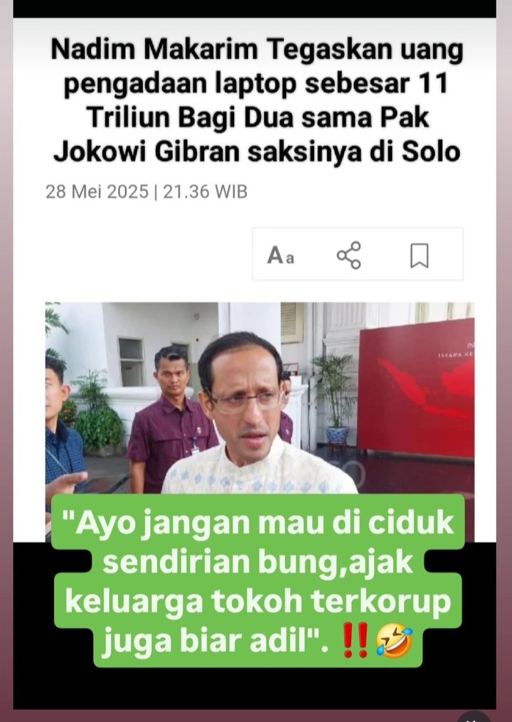 JANGAN MAU DICIDUK SENDIRIAN

TUNJUK SEMUA YANG TERLIBAT KORUPSI DI KEMENDIKBUDRISTEK SEBESAR 9,9 TRILIUN... ‼️

#CopotKapolriHargaMati 
#LuhutKorupsiLaptop
#LuhutKorupsiLaptop
🆘🆗
