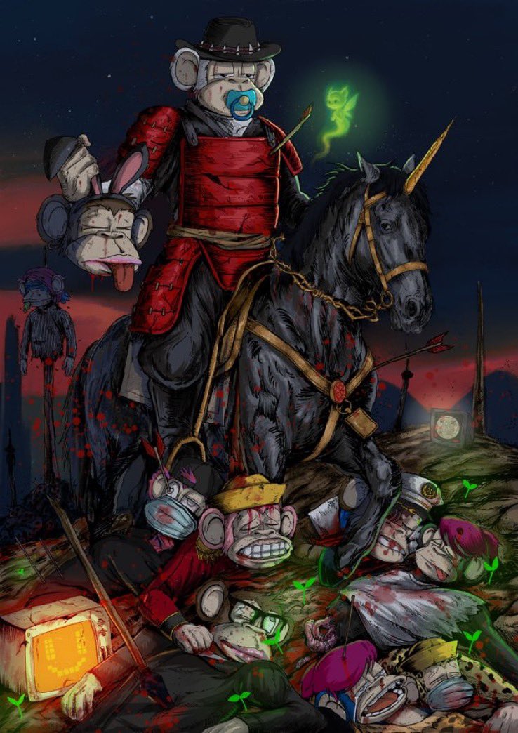 Congrats to the winner of Meme Death Match #5: <a href="/CoppyBoyzRIP/">CoppyBoyz</a> [submission below]. His selected ape was saved, other 9 have been exiled from <a href="/JungleBayAC/">Jungle Bay Artists Collective</a> island forever. (Tx: etherscan.io/tx/0x307c75d95…

2nd &amp; 3rd place was a tie btwn <a href="/prawit_june/">Juney​june</a> &amp; <a href="/Hoidok619/">Hoidok☁</a> 

4th place &amp; 5th place