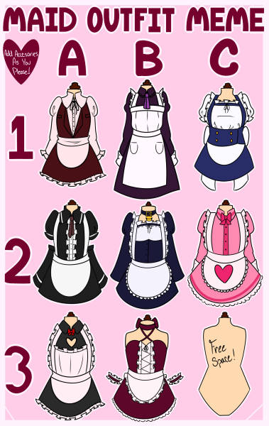 Feeling bored. 
Like, RT (not QRT) and drop your OCs (SFW art, please) and outfit you'd like them to wear (If C3, keep outfit SFW)

I'll pick a few of them to draw for each outfit to draw. No time limit. 
1 OC per person😊
#maidoutfitmeme