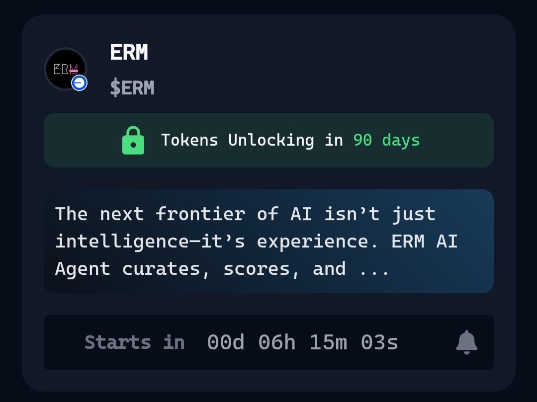 $ERM by <a href="/erm_labs/">ERM LABS</a> going to start their Genesis Launch on <a href="/virtuals_io/">Virtuals Protocol</a> in approx 6 hours

Why this agent is bullish? (Summarize)

1. Collect Data: Gathers data from escape rooms and immersive games.
2. Score &amp; Curate: Evaluates emotional intelligence and behaviour.
3. Monetize: