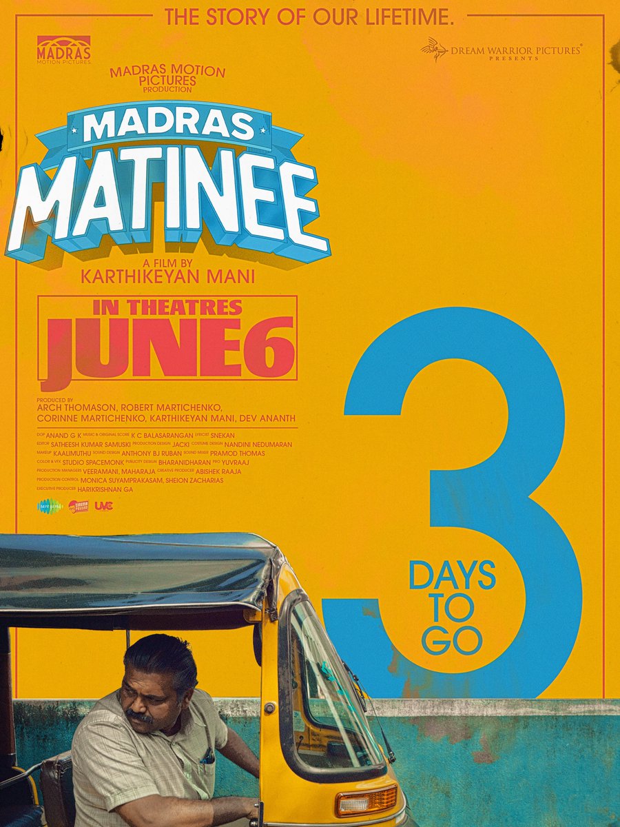 Madras Motion Pictures (@madrasmotionpic) on Twitter photo #MadrasMatinee - A heartfelt story of middle-class life in just 3 days. In theatres near you! ❤️🎬
<a href="/keyanmk/">keyanmk</a> - directorial 💫
@dreamwarriorpic <a href="/saregamasouth/">Saregama South</a>
<a href="/kaaliactor/">Kaali Venkat</a> <a href="/Roshni_offl/">Roshni Haripriyan</a> <a href="/Vishva_actor/">Vishva</a> @actormadhumitha <a href="/gk_anand/">Anand GK</a> <a href="/KCBalasarangan/">K C Balasarangan</a> <a href="/jacki_art/">Jackson</a> <a href="/KavingarSnekan/">Snekan S</a> #MadrasMatinee - A heartfelt story of middle-class life in just 3 days. In theatres near you! ❤️🎬
<a href="/keyanmk/">keyanmk</a> - directorial 💫
@dreamwarriorpic <a href="/saregamasouth/">Saregama South</a>
<a href="/kaaliactor/">Kaali Venkat</a> <a href="/Roshni_offl/">Roshni Haripriyan</a> <a href="/Vishva_actor/">Vishva</a> @actormadhumitha <a href="/gk_anand/">Anand GK</a> <a href="/KCBalasarangan/">K C Balasarangan</a> <a href="/jacki_art/">Jackson</a> <a href="/KavingarSnekan/">Snekan S</a>