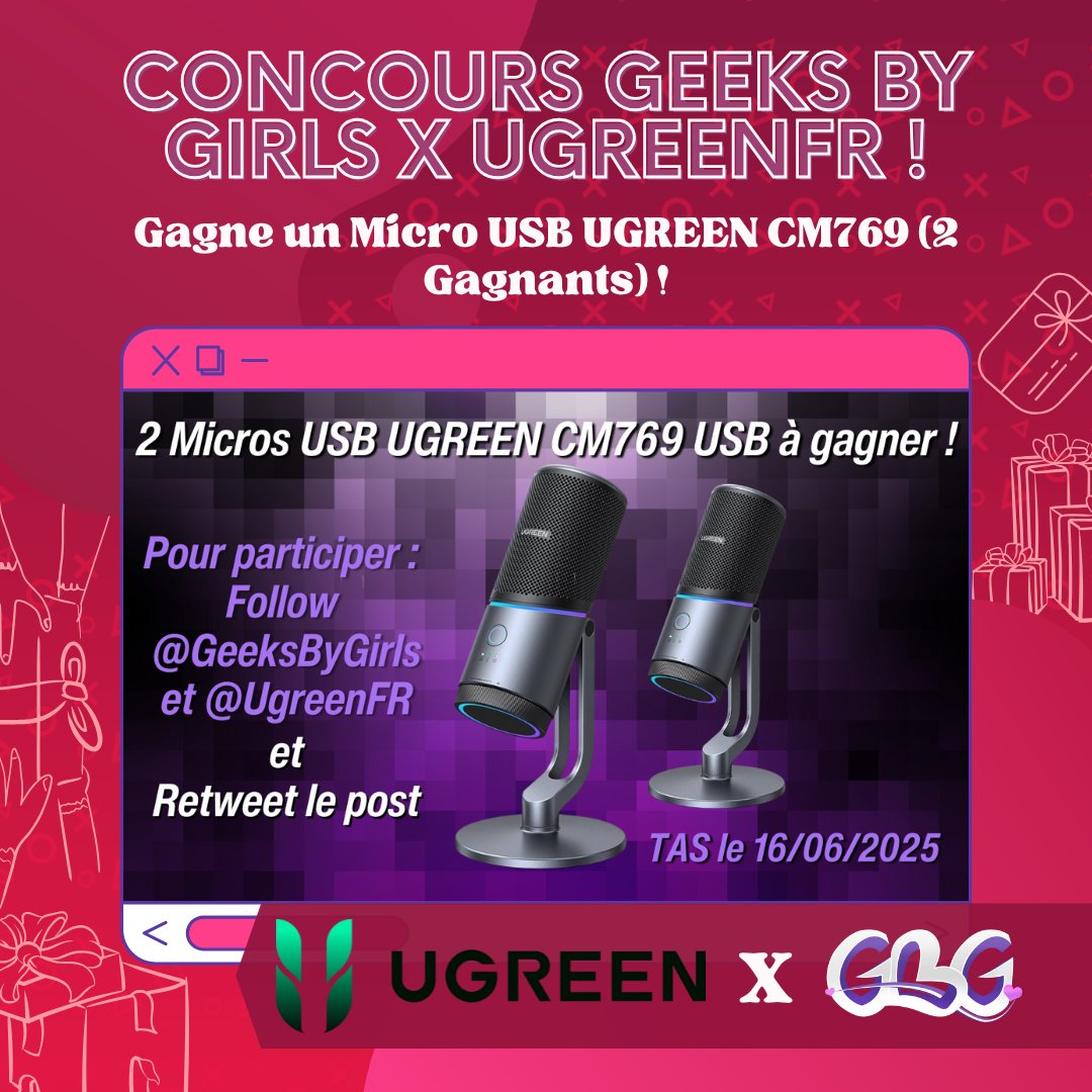 📢 ALERTE #CONCOURS ! 📢
On vous fait gagner un micro USB #UGREEN CM769 avec <a href="/UgreenFR/">UgreenFr</a> ! 🎁

Pour tenter ta chance : 
🔁RT ce tweet 
✅Follow <a href="/GeeksByGirls/">👾 Geeks By Girls 👾</a> &amp; <a href="/UgreenFR/">UgreenFr</a> 

🍀 TAS le 16/06/2025

🎙️ 2 gagnants !

❤ GO ! #Giveaway #Tech #MicroUSB #Streamer #SetupGaming #Gaming #GBG