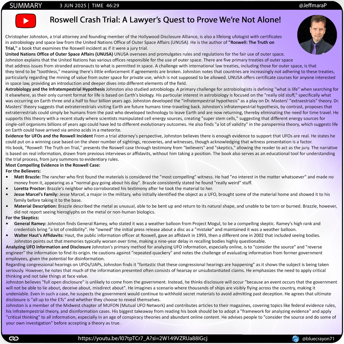 bluecrayon71's tweet photo. Roswell Crash Trial: A Lawyer’s Quest to Prove We’re Not Alone! @JeffmaraP
🔗https://t.co/9BREHtgcSZ
#Roswell #MattBrazzle #LorettaProctor #UFO #UAP #Astrobiology #SpaceLaw #UNUSA #TrialAttorney #MUFON #Disclosure #Evidence #ConspiracyTheories
#CongressionalHearings https://t.co/DMDyGvu3yC