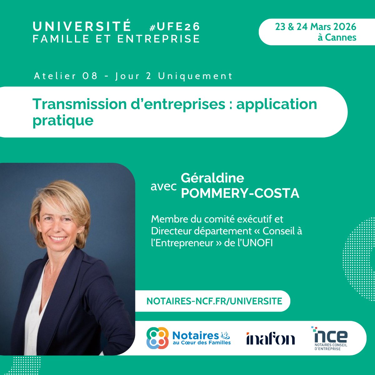 [UNIVERSITE FAMILLE &amp; ENTREPRISE 2026] #UFE26

✨ Atelier 08 : Transmission d’entreprises : application pratique 🚀

📆 23 &amp; 24 Mars 2026
📍 Hôtel Barrière Le Majestic &amp; Gray d'Albion à Cannes

Places limitées ➡️ Inscrivez-vous maintenant : notaires-ncf.fr/universite/

#notaires