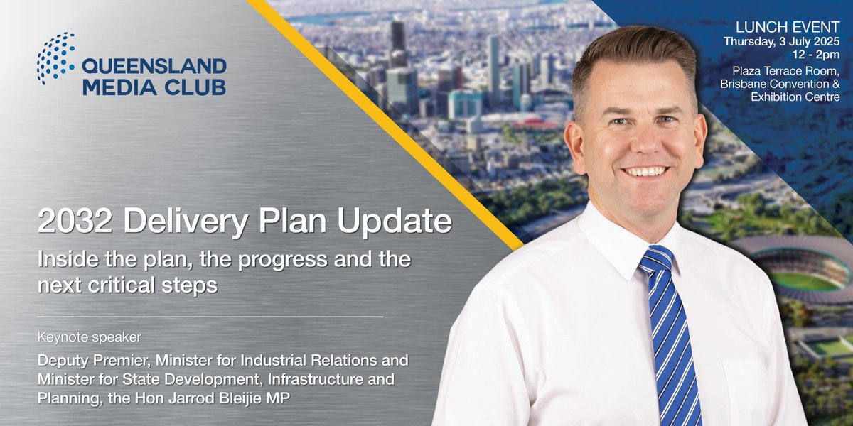 QldMediaClub's tweet photo. 📢 @JarrodBleijieMP will present the first update on progress &amp; critical next steps in the #2032DeliveryPlan at @QldMediaClub on 3 July:
📅 Thursday, 3 July
⏰ 12pm - 2pm
📍 @BCEC_Brisbane 
🎟️ Ticket sales close midnight, 30 June. Secure your seats today: https://t.co/tYpiDXhjnp https://t.co/z3iMsxWN5w