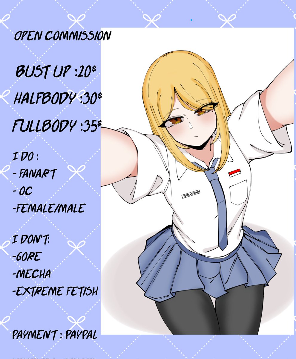 (Retweets are really appreciate)

Hello^^
I open for commissions ( 1/3 slots ), feel free to contact me if you are interested via DM or Discord (bakwanjagung#0329) 

Have a nice day ^^
#commissionsopen
#ArtistOnTwitter
#commissions
#originalcharacters