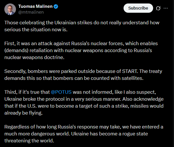 The latest vatnik bullshit narrative is that Russia is required to park its nuclear bombers outside because of New START. Nope. The treaty just requires bombers to be inspectable, not outdoors 24/7 and Russia definitely knows this - they just got lazy.

Besides, Russia suspended