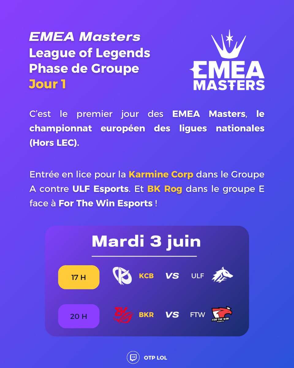 RankedActu's tweet photo. Le calendrier esport du mardi 3 juin 2025 ! 🙌🏻
💠 League of Legends - EMEA Masters : Début des EMEA Masters aujourd’hui où nous retrouverons la Karmine Corp à 17 H puis BK Rog à 20 H.
#lfl #emeamasters #leagueoflegends #bkrwin #kcwin #KCORP https://t.co/lWw7diggb3