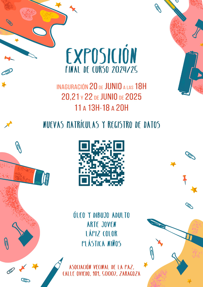 El viernes, 20 de junio a las 18 horas se inaugurará la exposición final de curso 2024/25 de  la Escuela de Arte La Paz en la sede de la AV La Paz en la calle Oviedo 181 (pasaje). La exposición estará abierta los días 20, 21 y 22 de junio de 11 a 13 horas y de 18 a 20 horas.