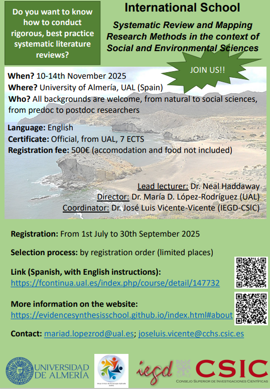 Are you interested in developing a systematic review or map? Then, save the date! 10-14th November, Univ. of Almería (Spain), to our 3rd edition of the International School! You can already express your interest here evidencesynthesisschool.github.io/registration.h… and register from the July 1st.