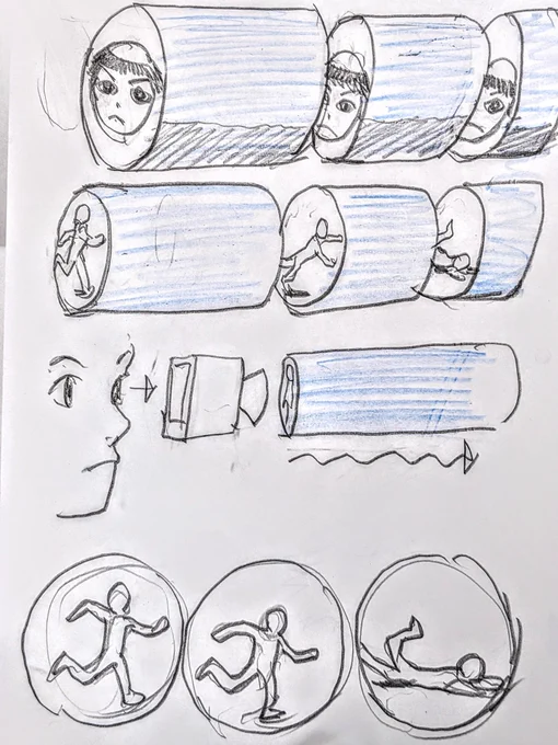 これは動く映像について理屈っぽい事を書いた時の絵です。
さらには3次元と時間の関係もこんなものではないかな?なんて思った絵。
この世界は金太郎飴みたいなものなのだ、……なんて。 