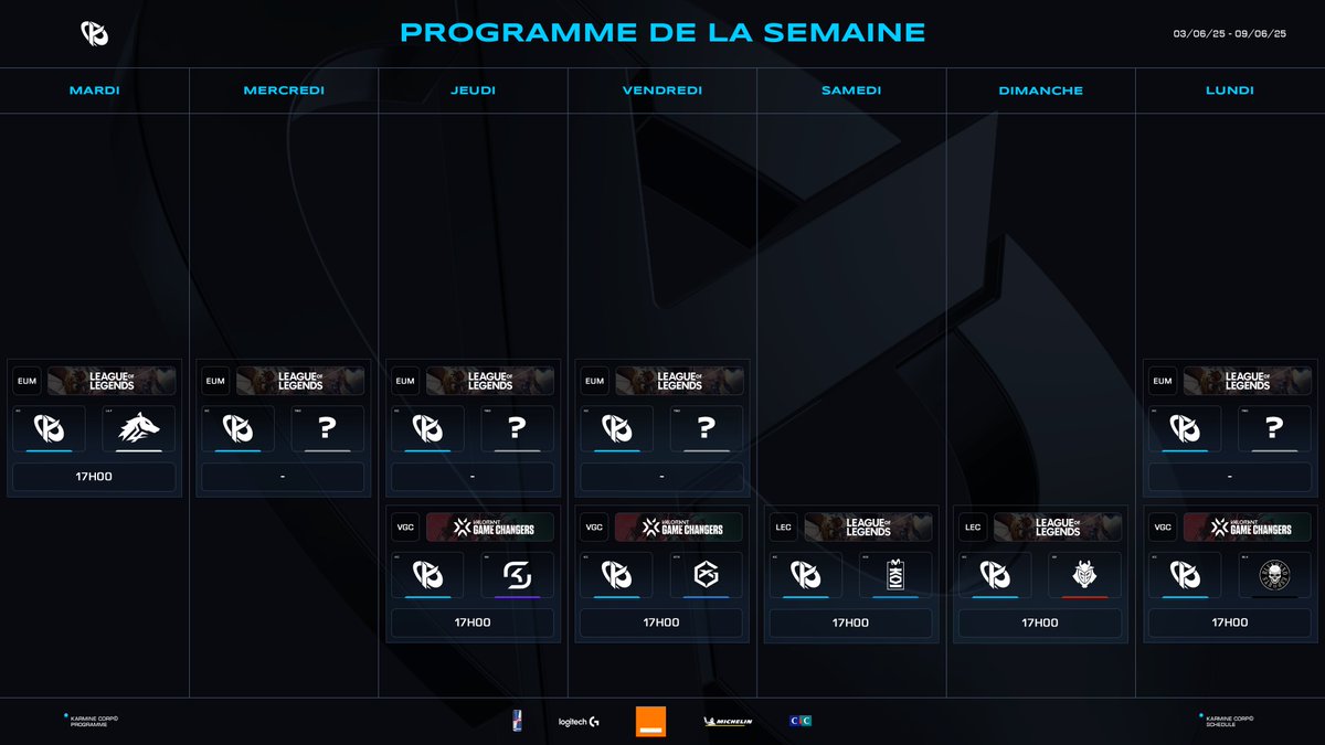🗓️ Voici le programme de la semaine du 03 au 09/06 ! 

Début des EMEA Masters, suite du Stage 2 des Game Changers, et le dénouement des playoffs LEC, que demander de plus... #KCWIN