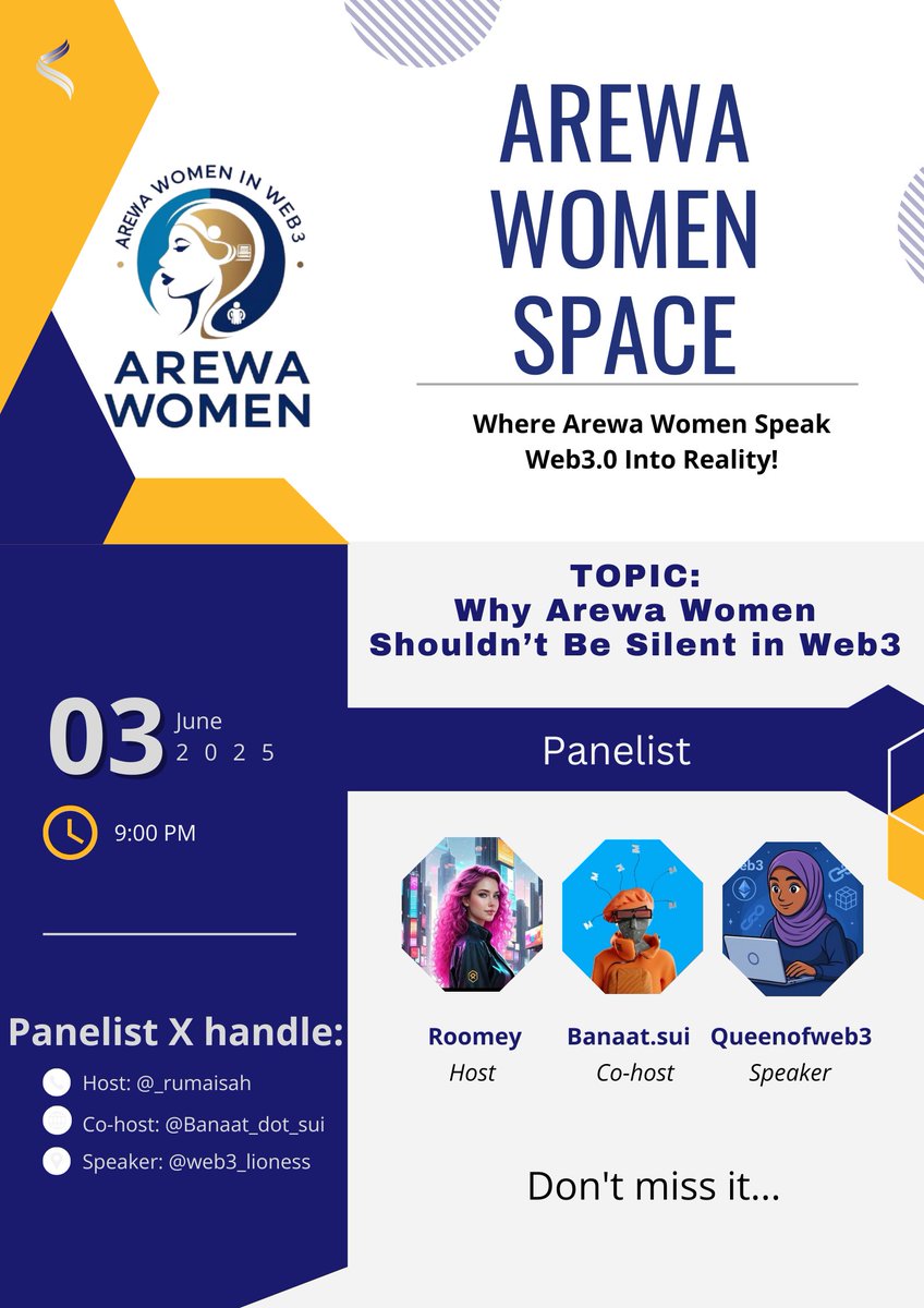 Join me for conversation about Arewa Women in web3.
We’re launching a new Space series:
🎙️ Arewa Women in Web3: Voices That Build
🔁 Weekly conversations to support, inspire &amp; amplify northern women in Web3.
Date: 03-06-25
Time: 9:00PM WAT
Location: X Space