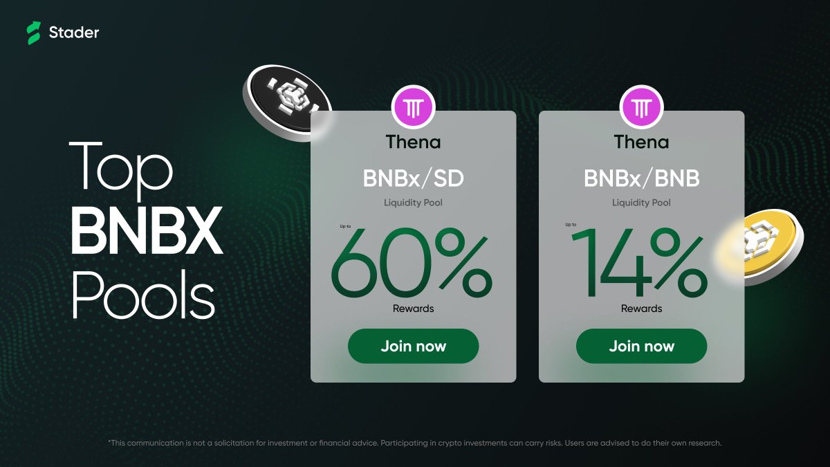 Put your $BNBx to work in DeFi 🚀

Explore this week’s top 2 liquidity pools to elevate your BNB strategy:

💧 Capital-efficient options
🔁 Integrated with leading DeFi protocols
⚡️ Streamlined access via Stader

🔗staderlabs.com/bnb/stake