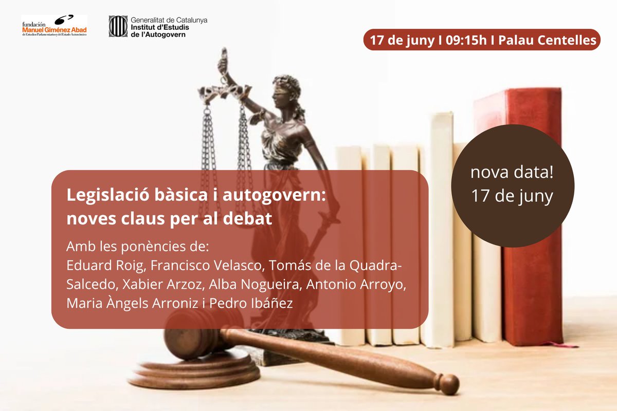 📢 Com evoluciona la legislació bàsica en l’Estat autonòmic?
🗓️ Nova data: 17.06.25 
👉Inscripcions obertes: tuit.cat/lb4IW
📍 Amb <a href="/Fundacion_MGA/">FMGA</a>