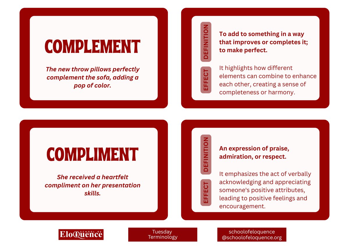 SchoolEloquence's tweet image. Quick linguistic tip for your Tuesday! This week&apos;s #TuesdayTerminology is all about Complement vs. Compliment. Learn how to use these words to perfectly enhance your message AND boost team morale.

#WordOfTheDay #LanguageTips #Writing #SpeakWithPower #SchoolofEloquence