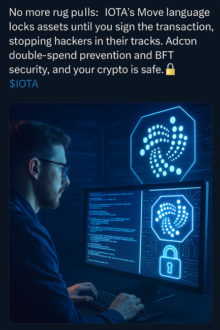 SincerelyKeyy_'s tweet photo. No more rug pulls: IOTAโs Move language locks assets until you sign the transaction, stopping hackers in their tracks. Adcon double-spend prevention and BFT security, and your crypto is safe. ๐
$IOTA #Ethereum #Bitcoin #Solana #Layer2 #SmartContracts #Tokenomics #TrendChain #CryptoPulse #BlockBuzz #ChainWave #MetaMove #DeFiDrip