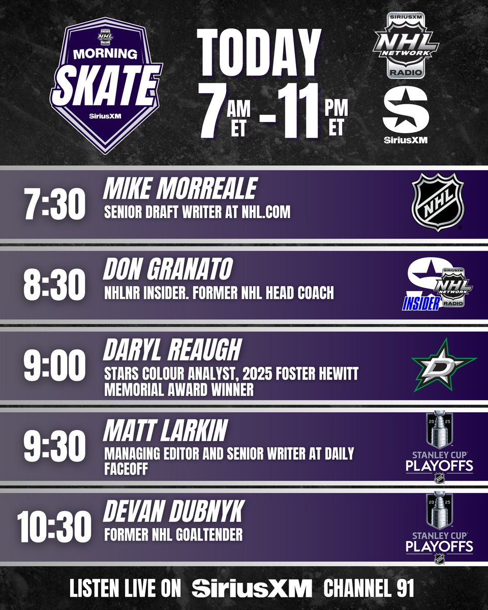 SiriusXM NHL Network Radio (@siriusxmnhl) on Twitter photo NHL Morning Skate is LIVE 7AM-11AM ET!
7-7:30 šAleksander Barkov, Evander Kane #TimeToHunt #LetsGoOilers
8-10 <a href="/LaughlinSXM/">Scott Laughlin</a> & <a href="/GordStellick/">Gord Stellick</a>
10-11 <a href="/GordStellick/">Gord Stellick</a> & <a href="/mike_p_johnson/">Mike Johnson</a>
#StanleyCup
SiriusXM.ca/NHLLive/ NHL Morning Skate is LIVE 7AM-11AM ET!
7-7:30 šAleksander Barkov, Evander Kane #TimeToHunt #LetsGoOilers
8-10 <a href="/LaughlinSXM/">Scott Laughlin</a> & <a href="/GordStellick/">Gord Stellick</a>
10-11 <a href="/GordStellick/">Gord Stellick</a> & <a href="/mike_p_johnson/">Mike Johnson</a>
#StanleyCup
SiriusXM.ca/NHLLive/