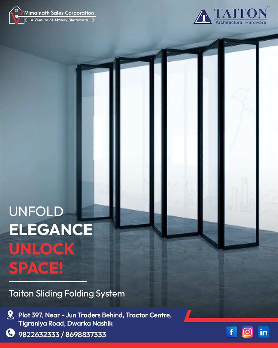 vimalnathsales's tweet photo. Unfold Elegance, Unlock Space!
Upgrade your interiors with the Taiton Sliding Folding System – the perfect fusion of style, space-saving, and functionality.
Designed for modern homes and commercial spaces.

📞 9822632333 / 8698837333
#VimalnathSalesCorporation #AkshayBhatewara https://t.co/0B7gCU2Pa2