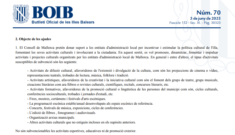 📢Aprovada la convocatòria de subvencions 2025 pel desenvolupament d'activitats culturals de les entitats locals de Mallorca.
Atenció biblioteques, us pot interessar!
Boib ➡️caib.es/eboibfront/ca/…