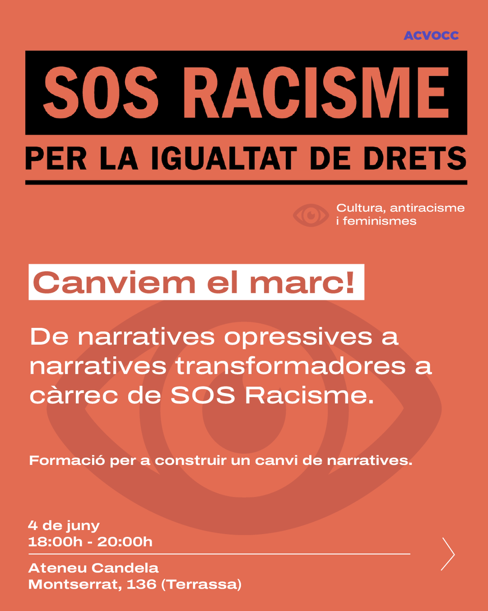 Canviem el marc! Formació #antiracista a càrrec de @sosracisme_cat. 
📆 Dimecres 4 de juny 
📷 Entrada gratuïta (aforament limitat) 📷@ateneucandela #Terrassa) 
📷 Inscripcions: ateneucooperatiuvalles.org/canviem-el-marc🌐
