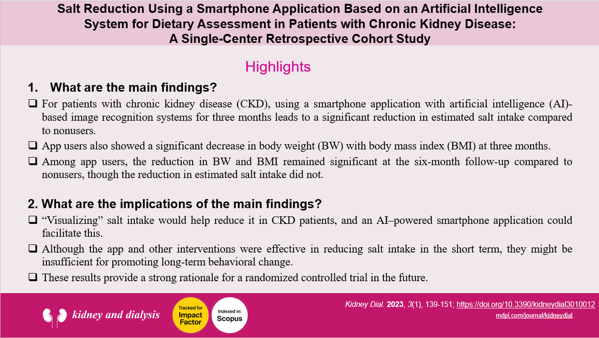 Kidney and Dialysis (@kidneydial_mdpi) on Twitter photo Check the Single-Center Retrospective Cohort Study <a href="/Kidneydial_MDPI/">Kidney and Dialysis</a>
π"Reduction Using a #Smartphone Application Based on an ππ«ππ’ππ’ππ’ππ₯ ππ§πππ₯π₯π’π ππ§ππ System for Dietary Assessment in Patients with Chronic #Kidney Disease"
mdpi.com/2673-8236/3/1/β¦
#AI Check the Single-Center Retrospective Cohort Study <a href="/Kidneydial_MDPI/">Kidney and Dialysis</a>
π"Reduction Using a #Smartphone Application Based on an ππ«ππ’ππ’ππ’ππ₯ ππ§πππ₯π₯π’π ππ§ππ System for Dietary Assessment in Patients with Chronic #Kidney Disease"
mdpi.com/2673-8236/3/1/β¦
#AI
