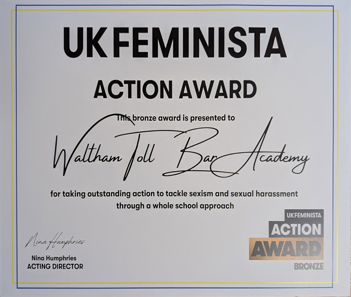 WTBA has the privilege of being awarded UK Feminista’s Action Award for taking outstanding action to tackle sexism and sexual harassment through a whole school approach. We are thrilled to have been one of a small number of schools included. #TeamWTBA