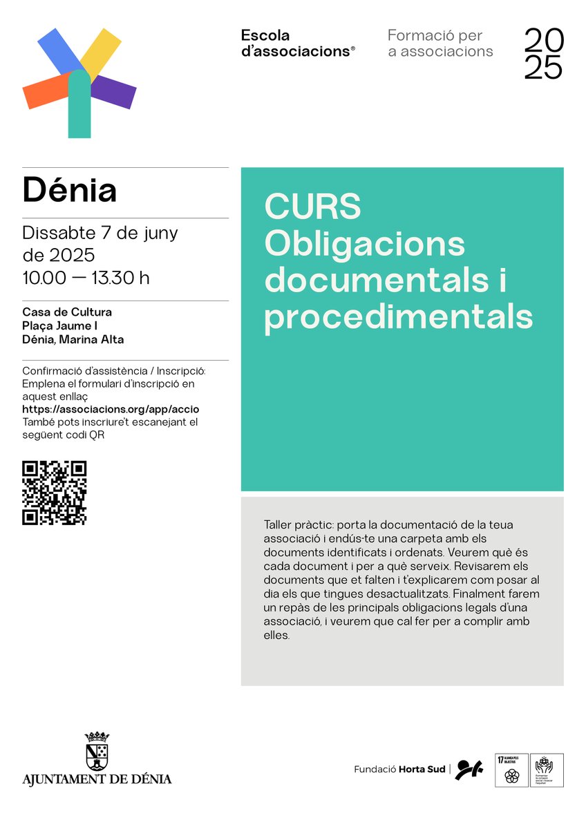 Atenció associacions! Aquest dissabte tenim un curs d'obligacions documentals i procedimentals a Denia. 

📝Podeu inscriure-us emplenant el formulari:
associacions.org/app/accio