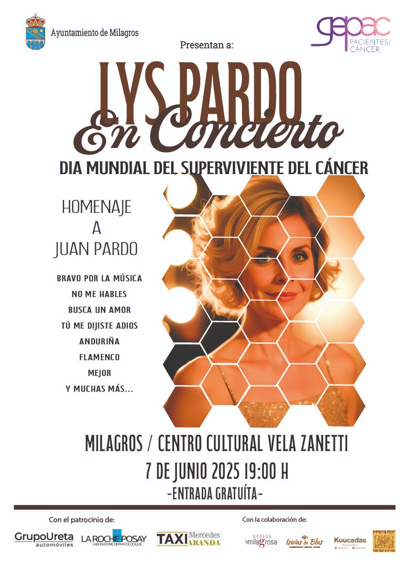 Vecinos de Milagros (Burgos) nos vemos este sábado en el Centro Cultural Vela Zanetti para disfrutar juntos de este concierto solidario por el #DíaMundialdelSupervivientedeCáncer. 🎤

¡Os esperamos!