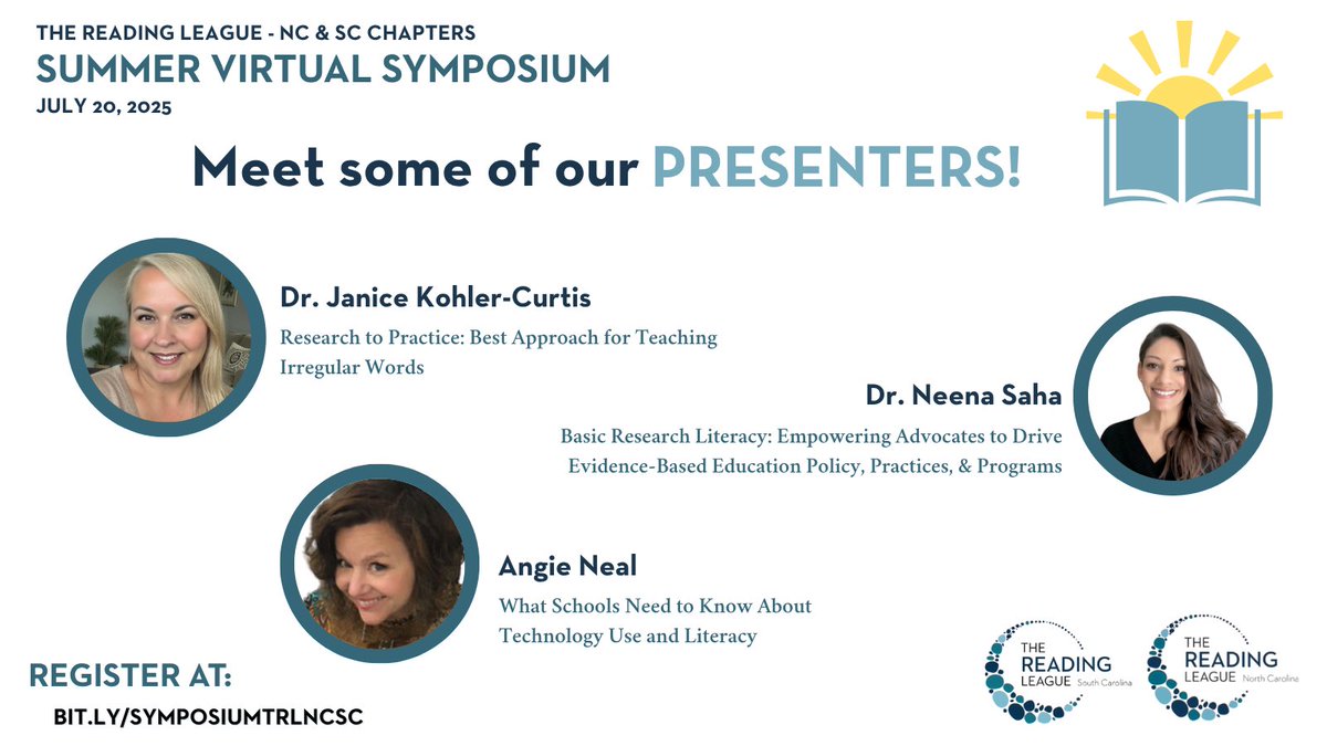 The Reading League North Carolina (@readingleaguenc) on Twitter photo We’re thrilled to introduce 3 featured speakers for the Summer Virtual Symposium on June 20! Each bring deep expertise in structured literacy, multilingual learning, & instructional coaching. Check out the agenda and register today: bit.ly/SYMPOSIUMTRLNC…
<a href="/jkohler72/">Janice Kohler-Curtis</a> We’re thrilled to introduce 3 featured speakers for the Summer Virtual Symposium on June 20! Each bring deep expertise in structured literacy, multilingual learning, & instructional coaching. Check out the agenda and register today: bit.ly/SYMPOSIUMTRLNC…
<a href="/jkohler72/">Janice Kohler-Curtis</a>