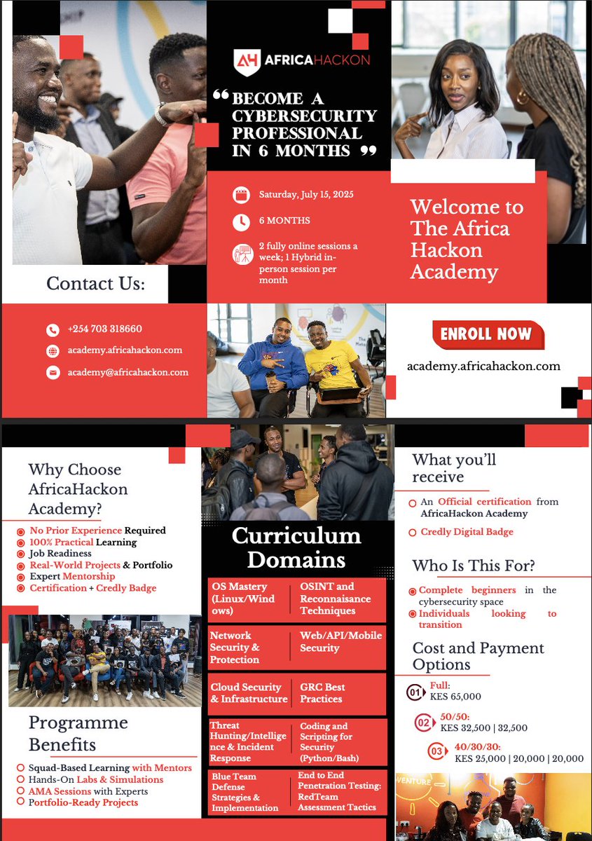 We strive to deliver the best hands on Cyber Security training and career transition you will get on the continent. Get to meet the best and brightest in the space.
Secure your spot to join Cohort 3 of AfricaHackon starting July 15th.
Get more info from lnkd.in/db-J6FAM -