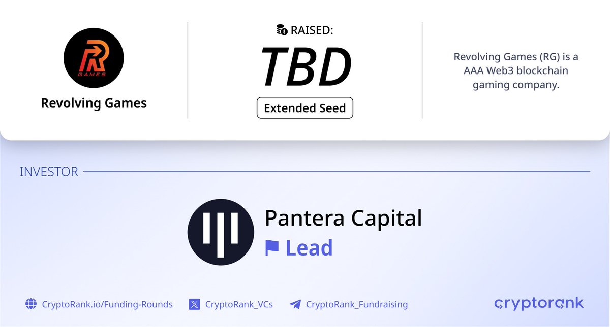 Revolving Games Extended Seed Round⚡️

📑 About:
<a href="/Revolving_Games/">Revolving Games</a> is a AAA Web3 blockchain gaming company. 

🤝 Investor:
<a href="/PanteraCapital/">Pantera Capital</a> (Lead)

👉 cryptorank.io/ico/revolving-…