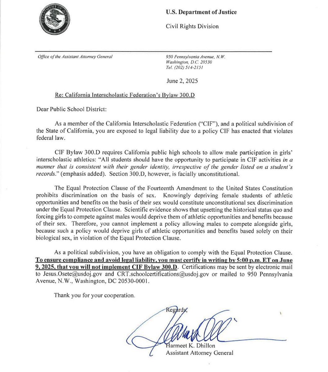 Moms for Liberty (@moms4liberty) on Twitter photo 📣 CALIFORNIA: A demand letter has been sent to the California Interscholastic Federation (CIF) by <a href="/CivilRights/">DOJ Civil Rights Division</a>. The letter states that allowing males to participate in girls' athletics is a violation of the Equal Protection Clause of the 14th Amendment. Replacing ‘sex’ with 📣 CALIFORNIA: A demand letter has been sent to the California Interscholastic Federation (CIF) by <a href="/CivilRights/">DOJ Civil Rights Division</a>. The letter states that allowing males to participate in girls' athletics is a violation of the Equal Protection Clause of the 14th Amendment. Replacing ‘sex’ with