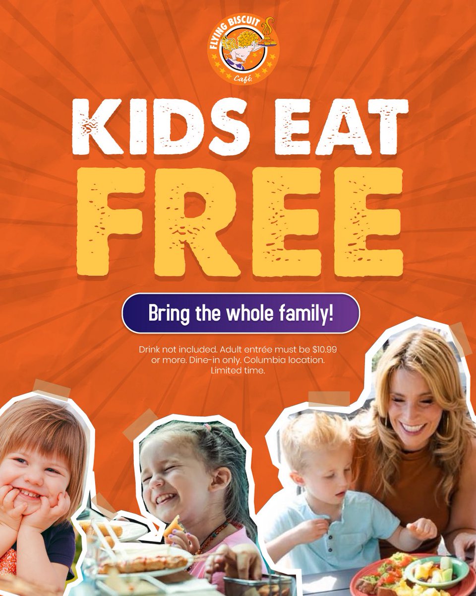 The Flying Biscuit Cafe - Five Points (@fbfivepoints) on Twitter photo 🎉 KIDS EAT FREE at Flying Biscuit Café located in <a href="/FivePointsSC/">Five Points</a>! 🥞✨ Bring the whole family and enjoy a delicious meal without breaking the bank!
👶 One FREE kids’ meal with the purchase of an adult entrée ($10.99+).
📍 Dine-in only, Monday–Thursday.
🕒 Limited time offer 🎉 KIDS EAT FREE at Flying Biscuit Café located in <a href="/FivePointsSC/">Five Points</a>! 🥞✨ Bring the whole family and enjoy a delicious meal without breaking the bank!
👶 One FREE kids’ meal with the purchase of an adult entrée ($10.99+).
📍 Dine-in only, Monday–Thursday.
🕒 Limited time offer