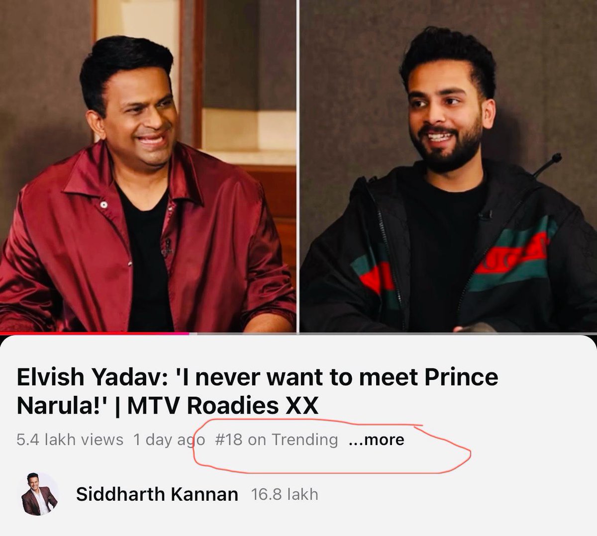 Celebrity_Tak's tweet image. Elvish Yadav&apos;s interview with SiddharthKanan is trending at No.18. If you haven&apos;t watched it yet, 
watch it now
 youtu.be/YnlR8_K9wPI?si
#sidk #siddharthkannan #elvishyadav 🚀👀🎉😍👍💥