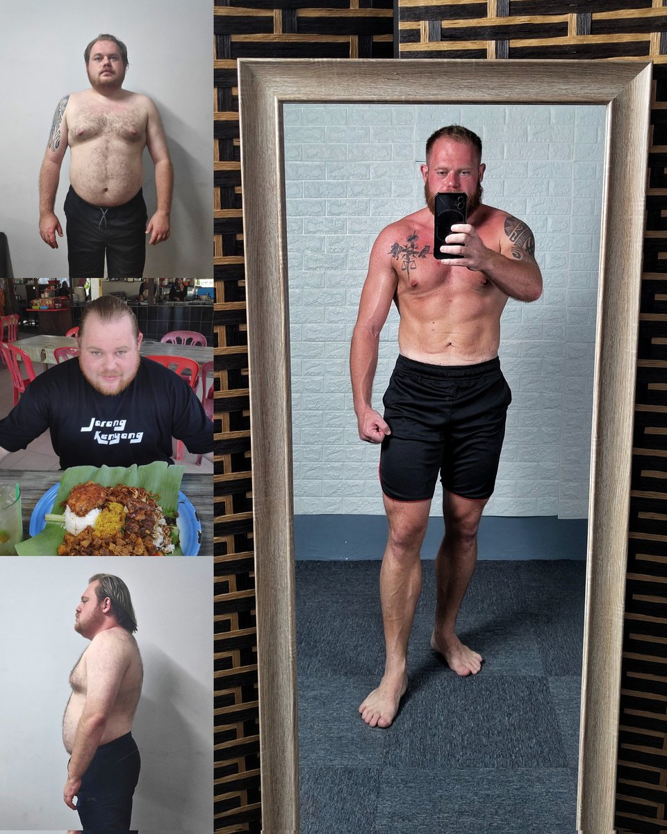 si_rhys's tweet photo. "Man cannot remake himself without suffering, for he is both the marble and the sculptor."

135kg -> 93kg 🥵 40% body fat -> 13% body fat ✅ 

Terima kasih kepada semua yang support selama ni 🙏🫡 https://t.co/vioaq9A22e