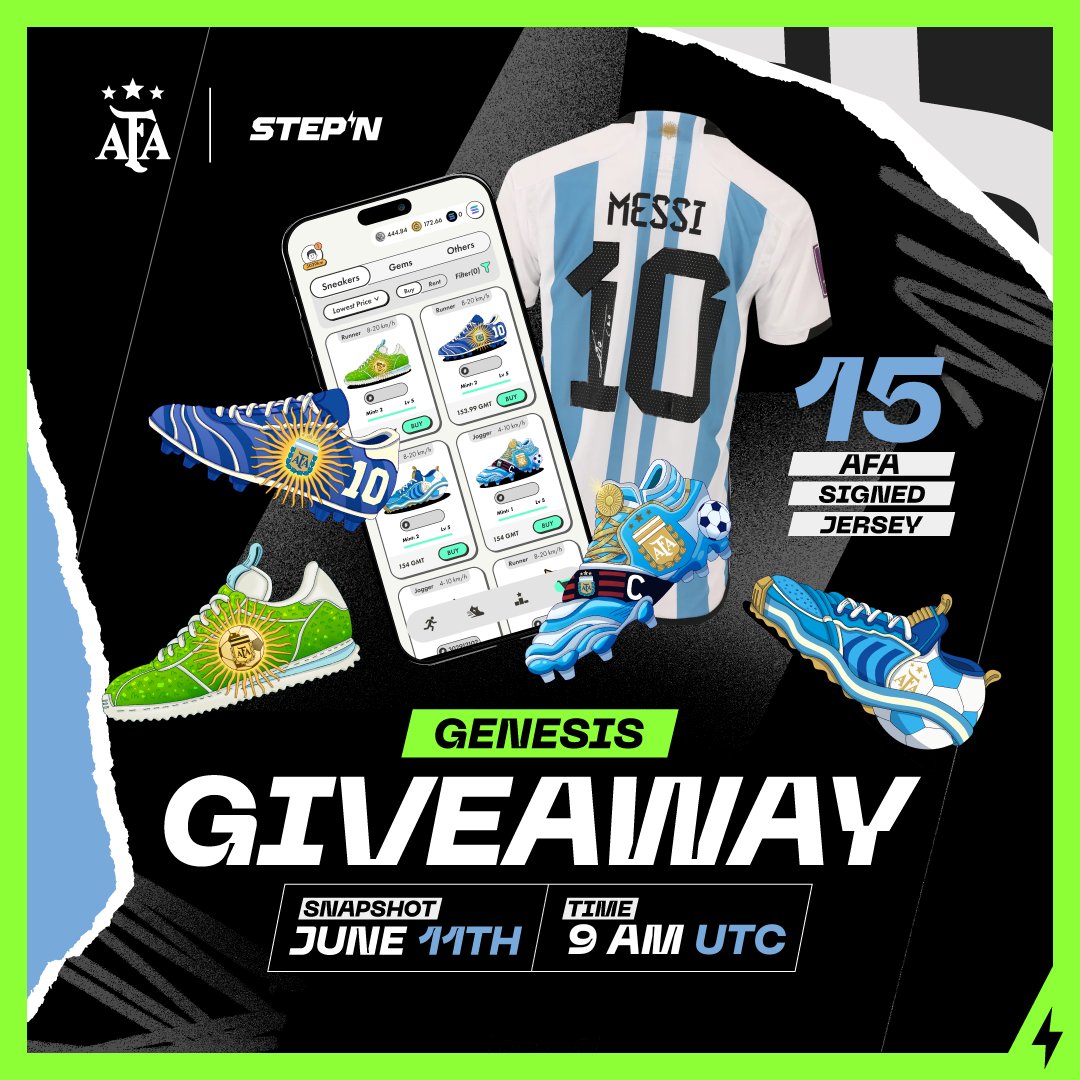 STEPN GO (@stepnofficial) on Twitter photo Yes, it’s happening.
We’re giving away 15 official <a href="/Argentina/">🇦🇷 Selección Argentina ⭐⭐⭐</a> jerseys signed by top players! 🇦🇷 🐐
As part of our long-term partnership with the Argentina Football Association, we’re continuing to bring real-world value to our Genesis holders.
To enter the giveaway:
👟 Hold at Yes, it’s happening.
We’re giving away 15 official <a href="/Argentina/">🇦🇷 Selección Argentina ⭐⭐⭐</a> jerseys signed by top players! 🇦🇷 🐐
As part of our long-term partnership with the Argentina Football Association, we’re continuing to bring real-world value to our Genesis holders.
To enter the giveaway:
👟 Hold at