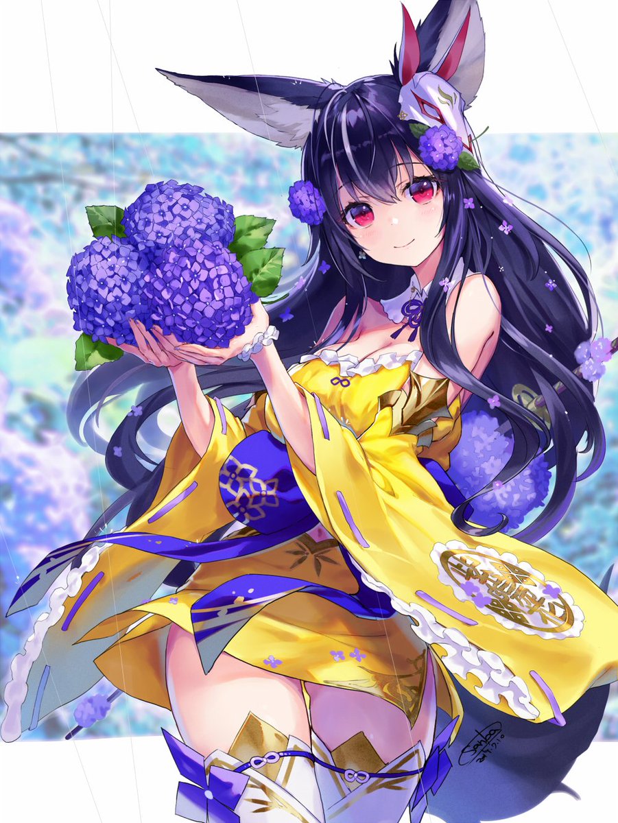 「定期上げ2 紫陽花とケモ耳ちゃん #ケモ耳」|さんば挿🐶のイラスト