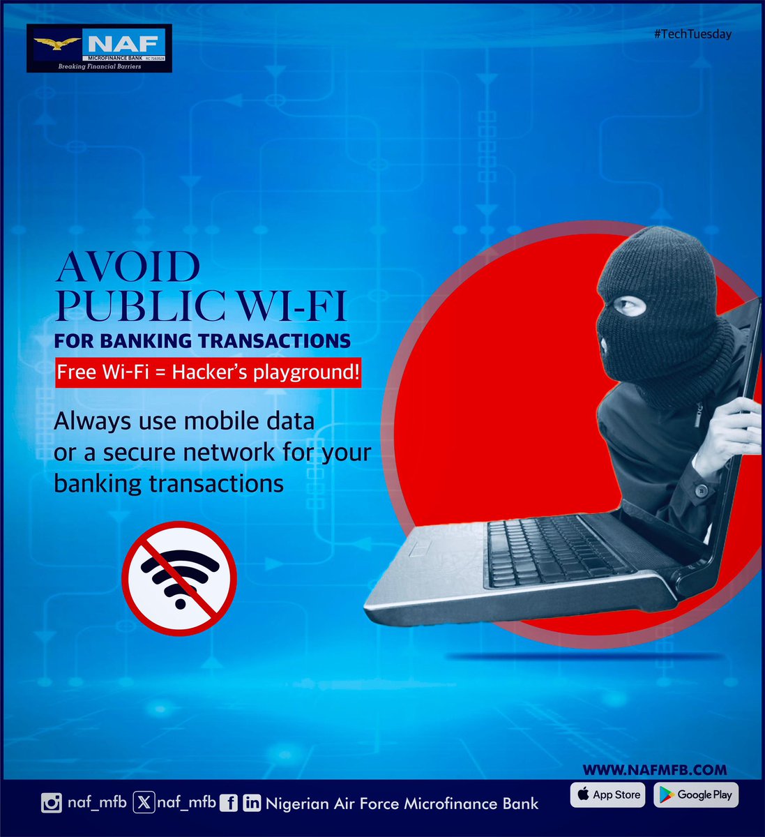 naf_mfb's tweet photo. Public Wi-Fi is Not Your Friend!

Fraudsters are waiting. Don’t expose your login details on open networks. 

Use your mobile data or a trusted connection for your banking transactions.

#StayVigilant 
#NAFMFB #OnlineBankingTips #AvoidPublicWiFi #CyberSafety #BankSmart https://t.co/4nfGqCstUm