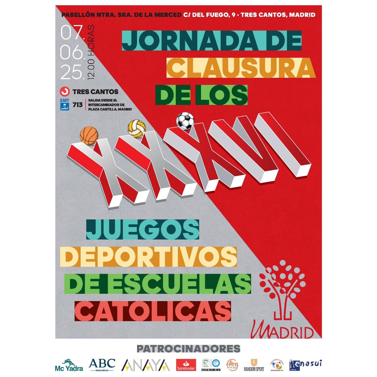 Con la temporada ya terminada, sólo queda entregar los premios a los ganadores de cada categoría en la Jornada de Clausura que tendrá lugar:

📆Sábado 7 de junio. 
⏰12:00 horas.
📍Pabellón Colegio Nuestra Señora de la Merced de Tres Cantos.

Gracias a la colaboración del Grupo