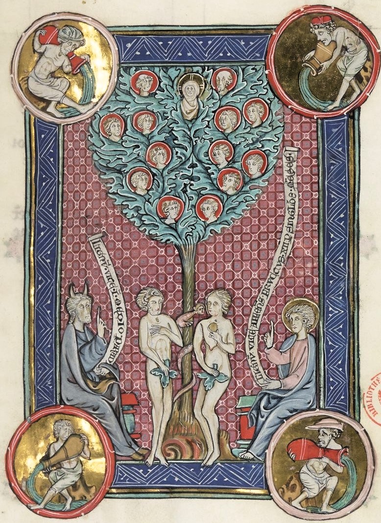 This miniature contrasts two theological visions of the Tree of Life:
On the left, in the Garden of Eden, the tree becomes the catalyst for the Fall. Adam and Eve take the forbidden fruit, while the Old Testament figure of Moses, representing the Law, gestures toward their