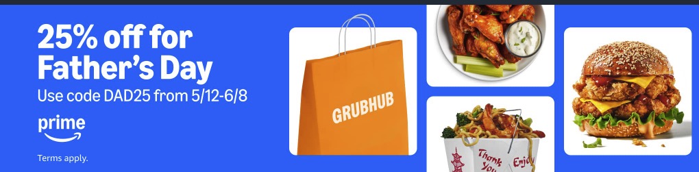 USCCStrategy's tweet image. #ad #Amazon #Grubhub: 25% off for Father's Day, Use code DAD25 from 5/12-6/8/25
amazon.com/prime/offer/gr…