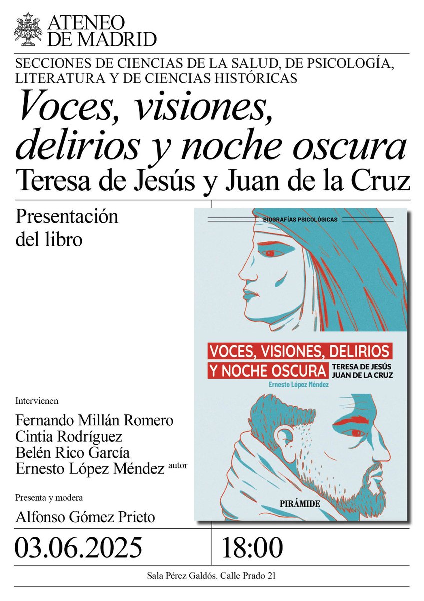 Ediciones Pirámide (@pir_psicoyedu) on Twitter photo 🗣️ Presentamos "Voces, visiones, delirios y noche oscura" de Ernesto López Méndez,
📍 Ateneo de Madrid <a href="/ateneodemadrid/">Ateneo de Madrid</a>
🗓 Martes 3 de junio | 🕕 18:00 h
Una cita imprescindible con la psicología, la filosofía y la mente humana.
#PresentaciónDeLibro # #VocesYDelirios 🗣️ Presentamos "Voces, visiones, delirios y noche oscura" de Ernesto López Méndez,
📍 Ateneo de Madrid <a href="/ateneodemadrid/">Ateneo de Madrid</a>
🗓 Martes 3 de junio | 🕕 18:00 h
Una cita imprescindible con la psicología, la filosofía y la mente humana.
#PresentaciónDeLibro # #VocesYDelirios